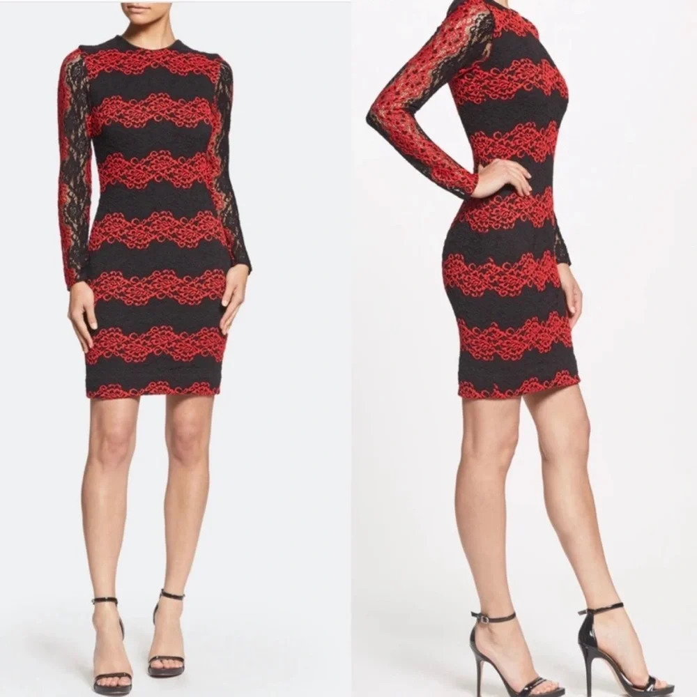 Dress The Population Morgan Dress Lace Long Sleeve Garnet and Black